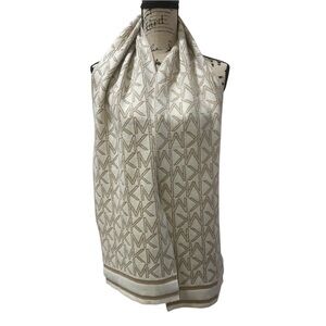 Michael Kors Iconic MK Logo Metallic Gold Neutral Reversible Knit Scarf EUC